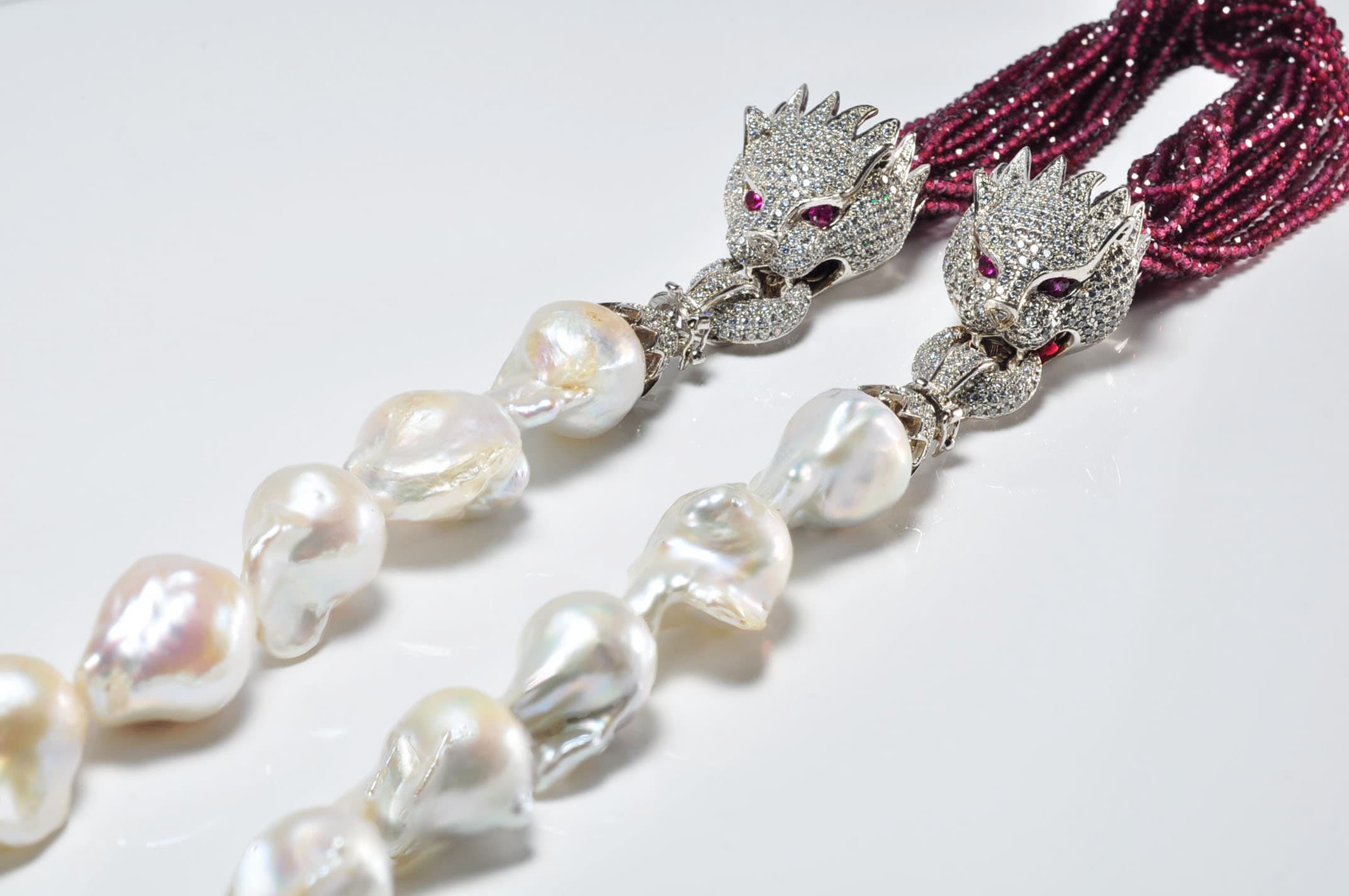 Unique Baroque Pearl and Garnet Necklace,Genuine Big Flameball Pearl Necklace, White Big Pearl and Garnet Necklace, Pearl and Garnet Jewelry