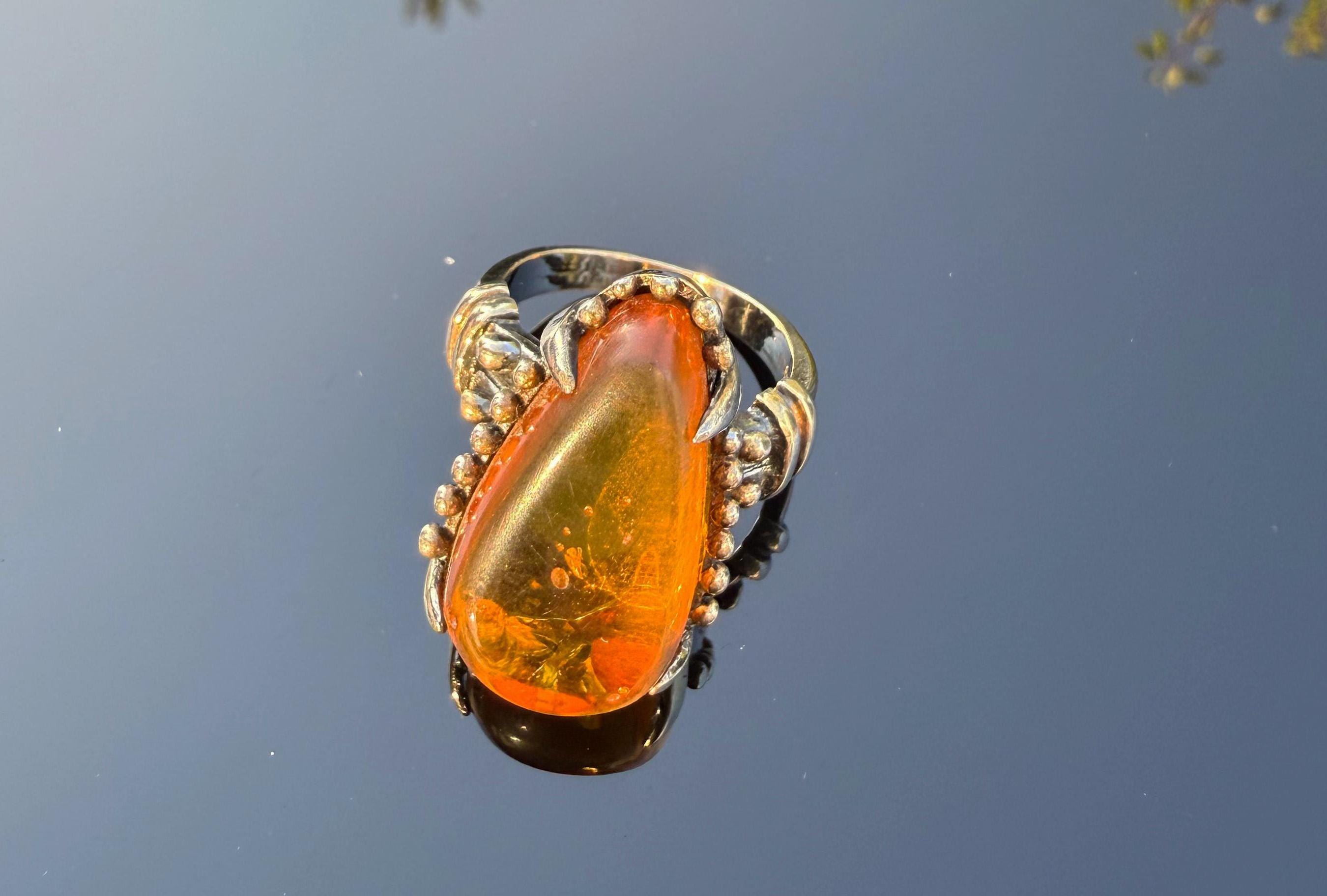 Handmade Amber Silver Ring, Handcrafted Amber Jewelry, 925 Silver Band Amber Ring,Gift for her