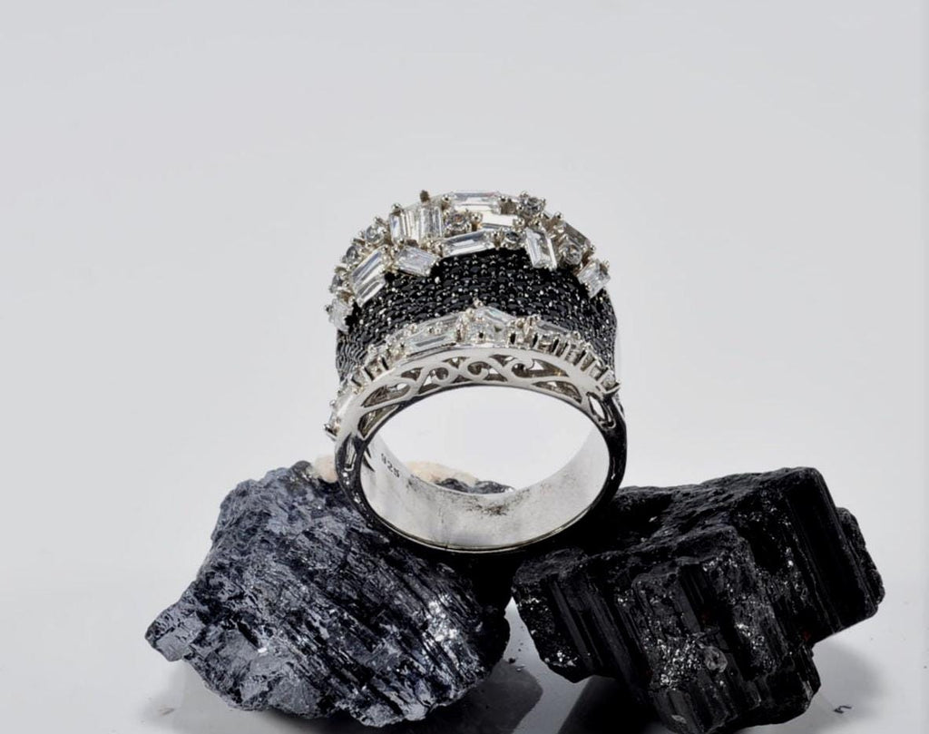 Handmade Baguette Zircon and Black Zircon Ring in Sterling Silver, Unique Gemstone Jewelry