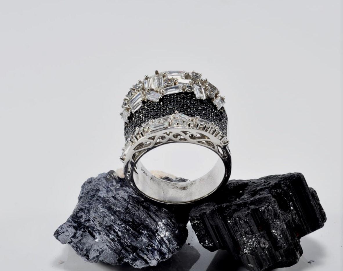 Handmade Baguette Zircon and Black Zircon Ring in Sterling Silver, Unique Gemstone Jewelry
