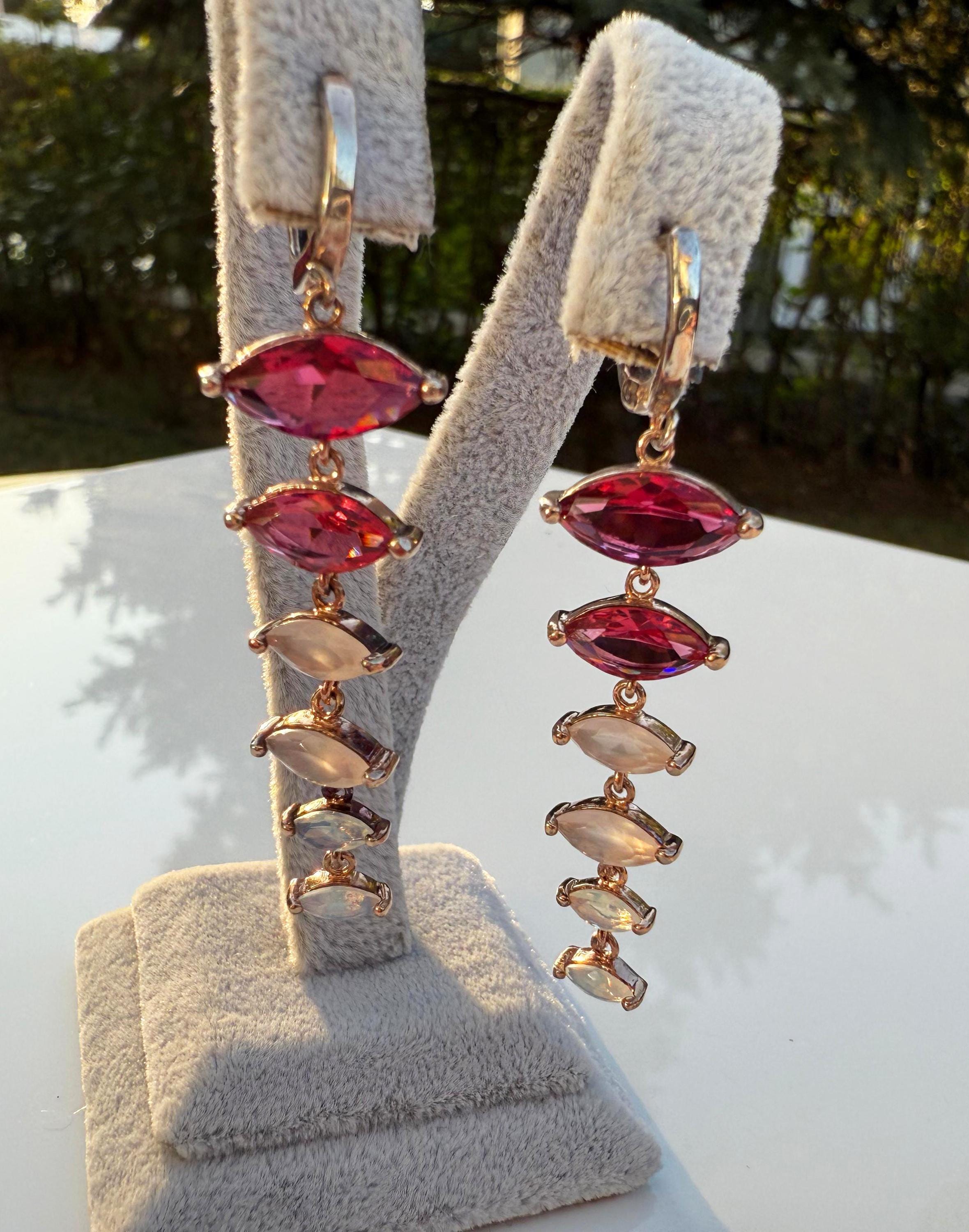 Handmade Rose Silver Earrings: Pink Quartz, Garnet & Opal Gemstone