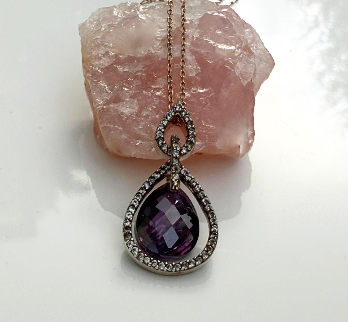 Handmade Amethyst & Zircon Silver Necklace: Rose Silver Jewelry Gift