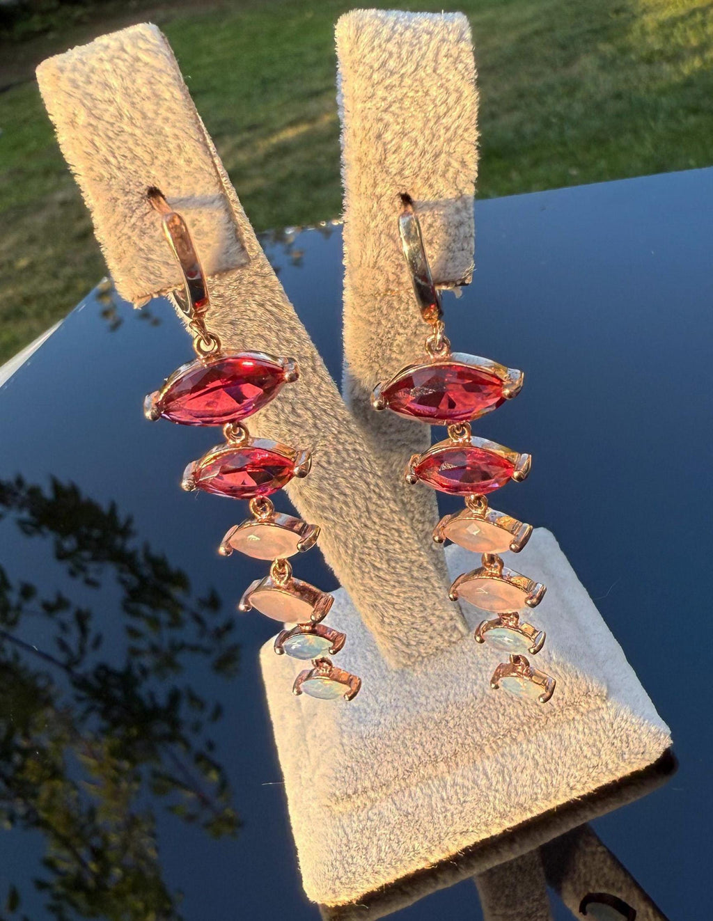 Handmade Rose Silver Earrings: Pink Quartz, Garnet & Opal Gemstone