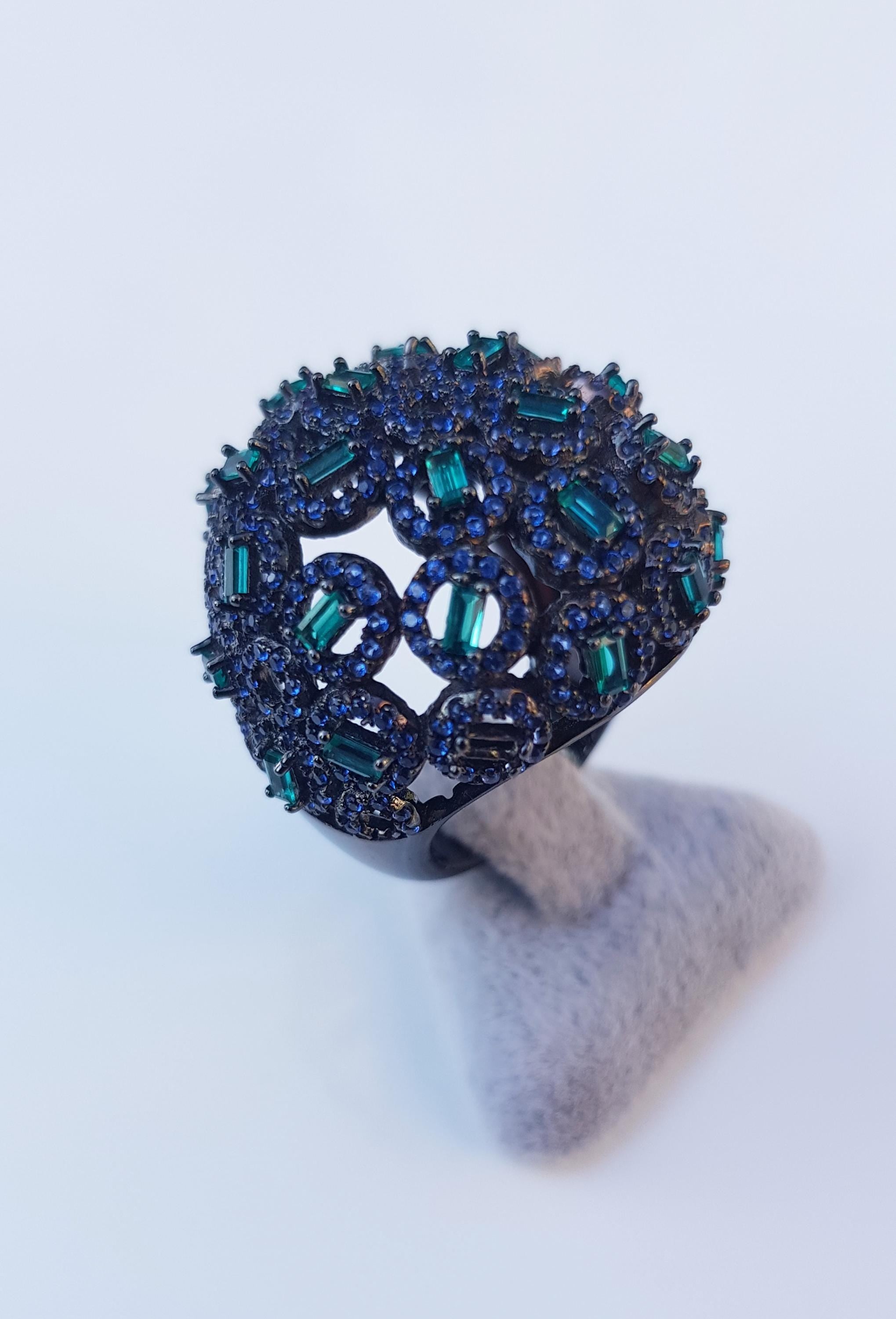 Handmade Aquamarine Emerald Black Silver Ring: Artisan Gemstone Jewelry