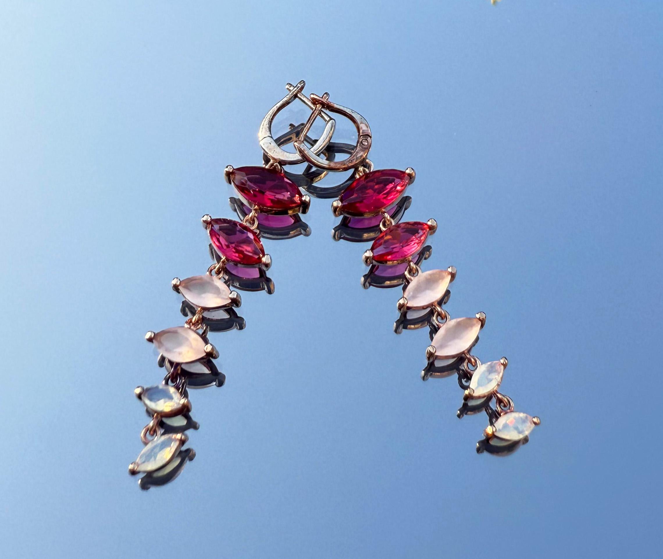Handmade Rose Silver Earrings: Pink Quartz, Garnet & Opal Gemstone