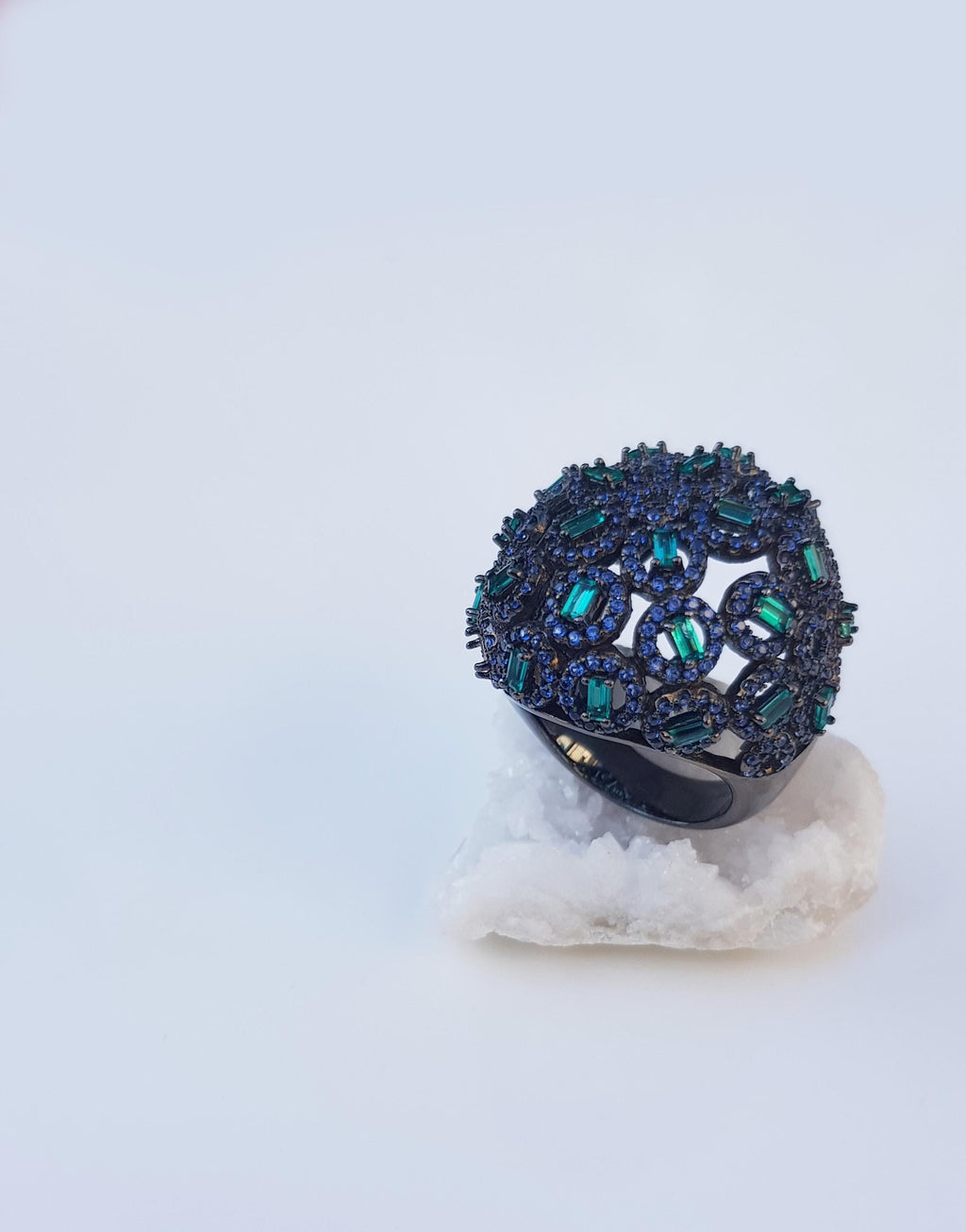 Handmade Aquamarine Emerald Black Silver Ring: Artisan Gemstone Jewelry