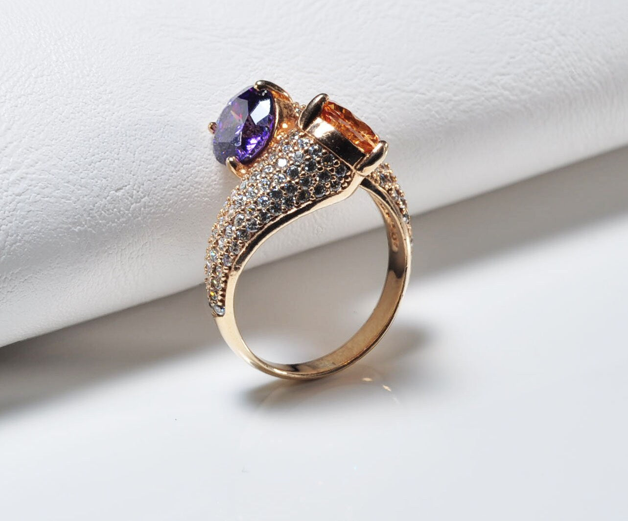 Handmade Citrine, Amethyst and Zircon Ring in Rose Gold Sterling Silver, Elegant Gemstone Jewelry