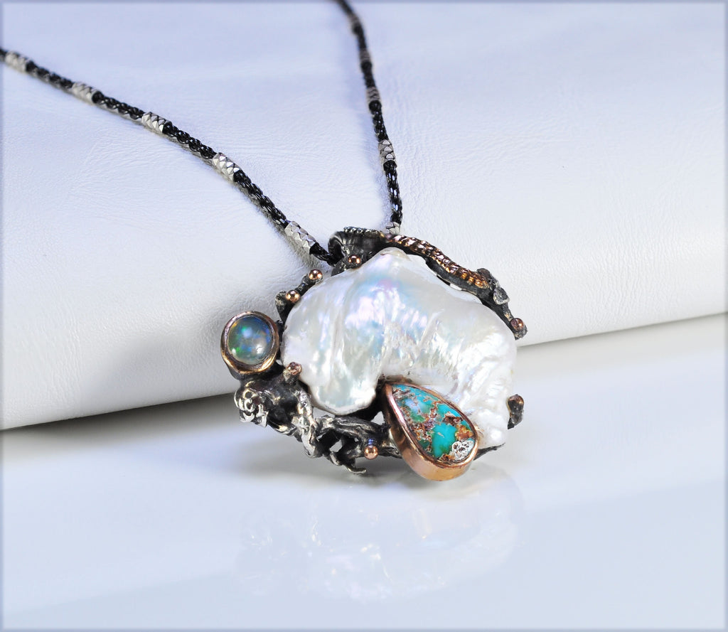 Handmade Pearl Opal Turquoise Silver Necklace, Gemstone Jewelry Gift