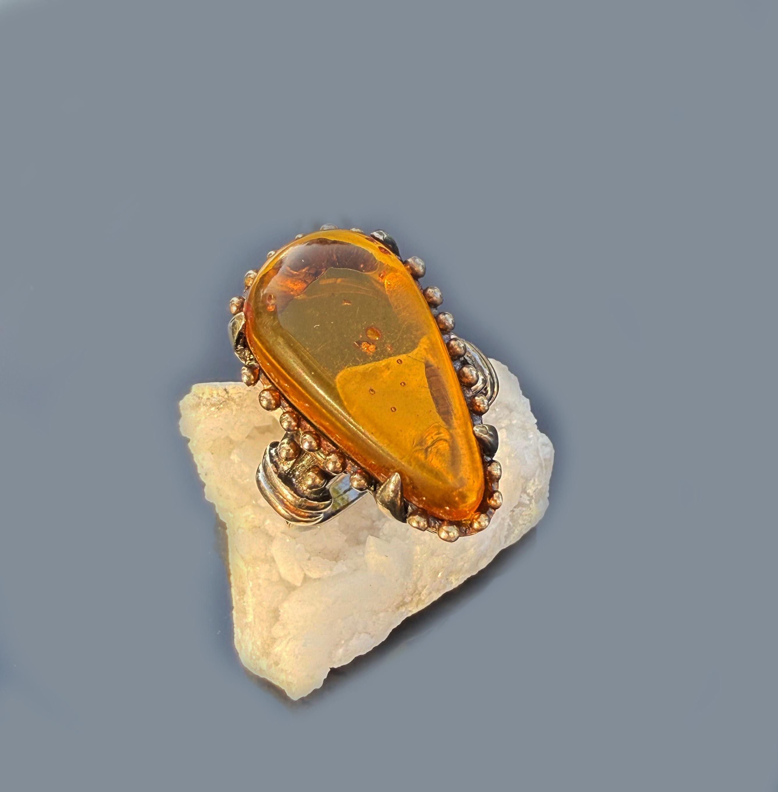 Handmade Amber Silver Ring, Handcrafted Amber Jewelry, 925 Silver Band Amber Ring,Gift for her