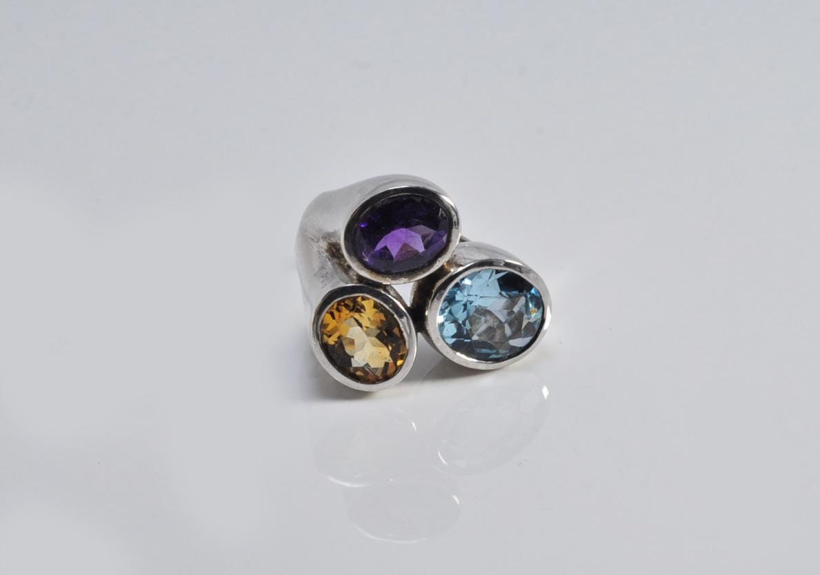 Handmade Aquamarine Amethyst Citrine Sterling Silver Ring, 925 Band Gemstone Ring