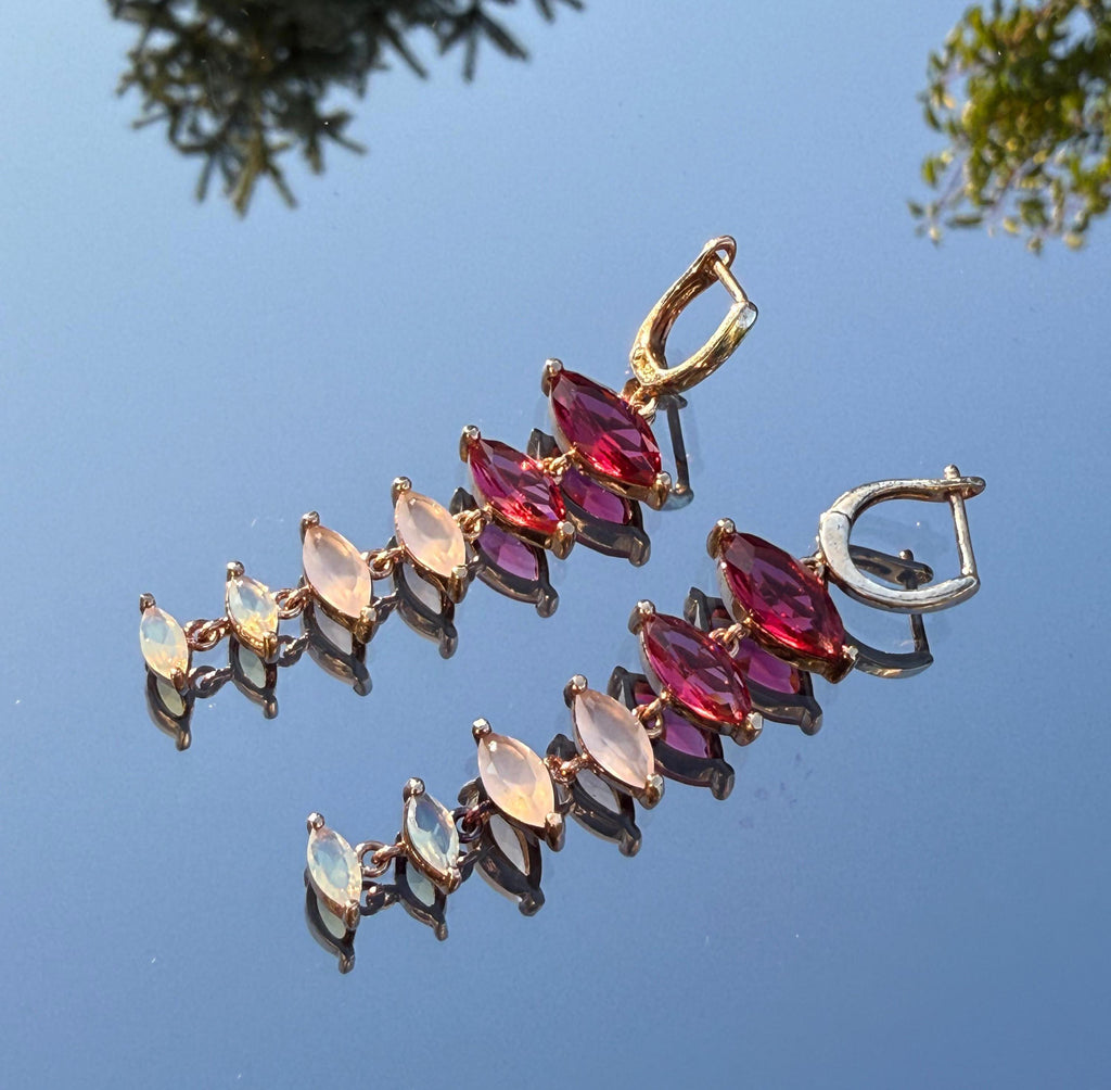 Handmade Rose Silver Earrings: Pink Quartz, Garnet & Opal Gemstone