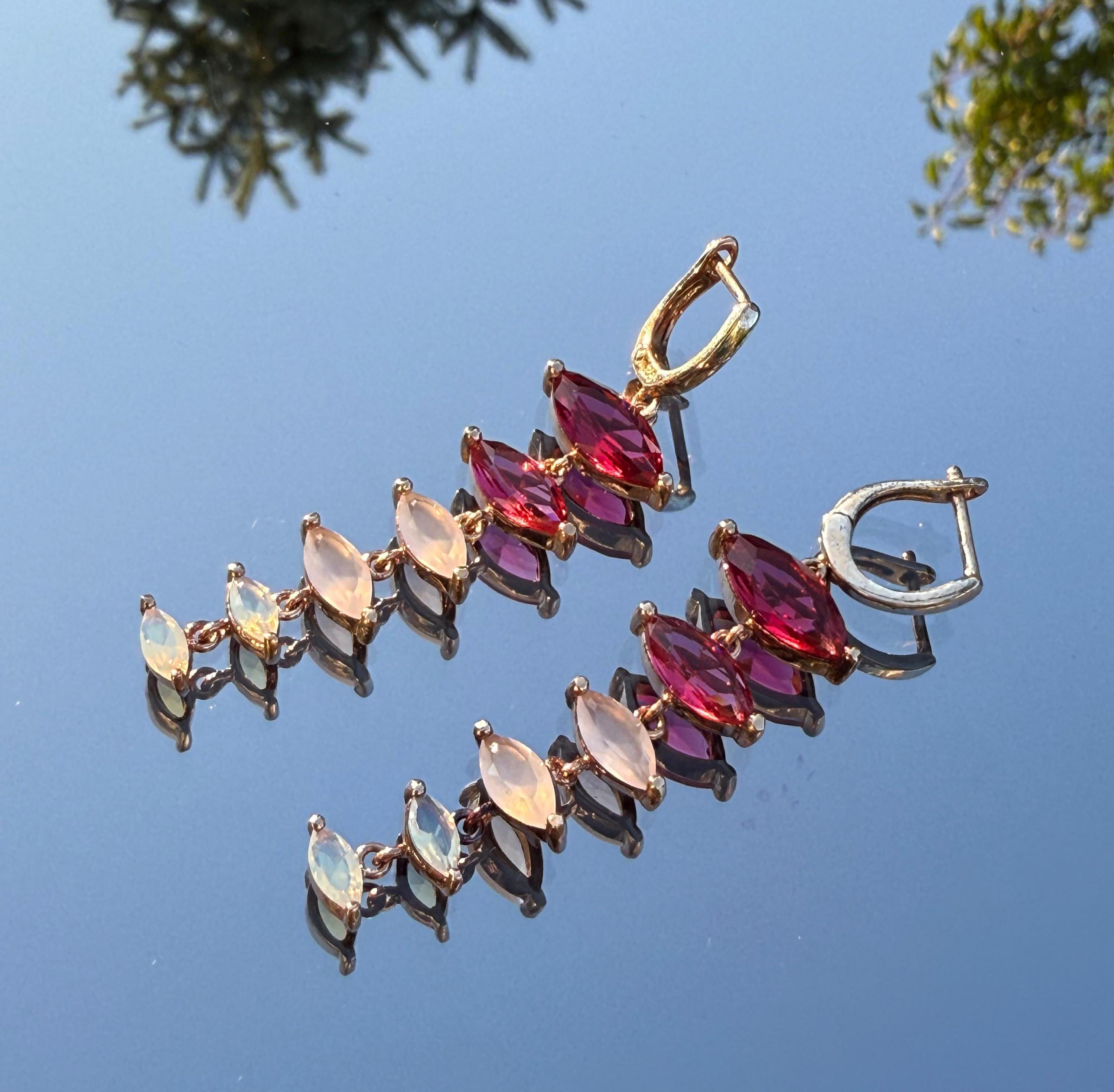 Handmade Rose Silver Earrings: Pink Quartz, Garnet & Opal Gemstone