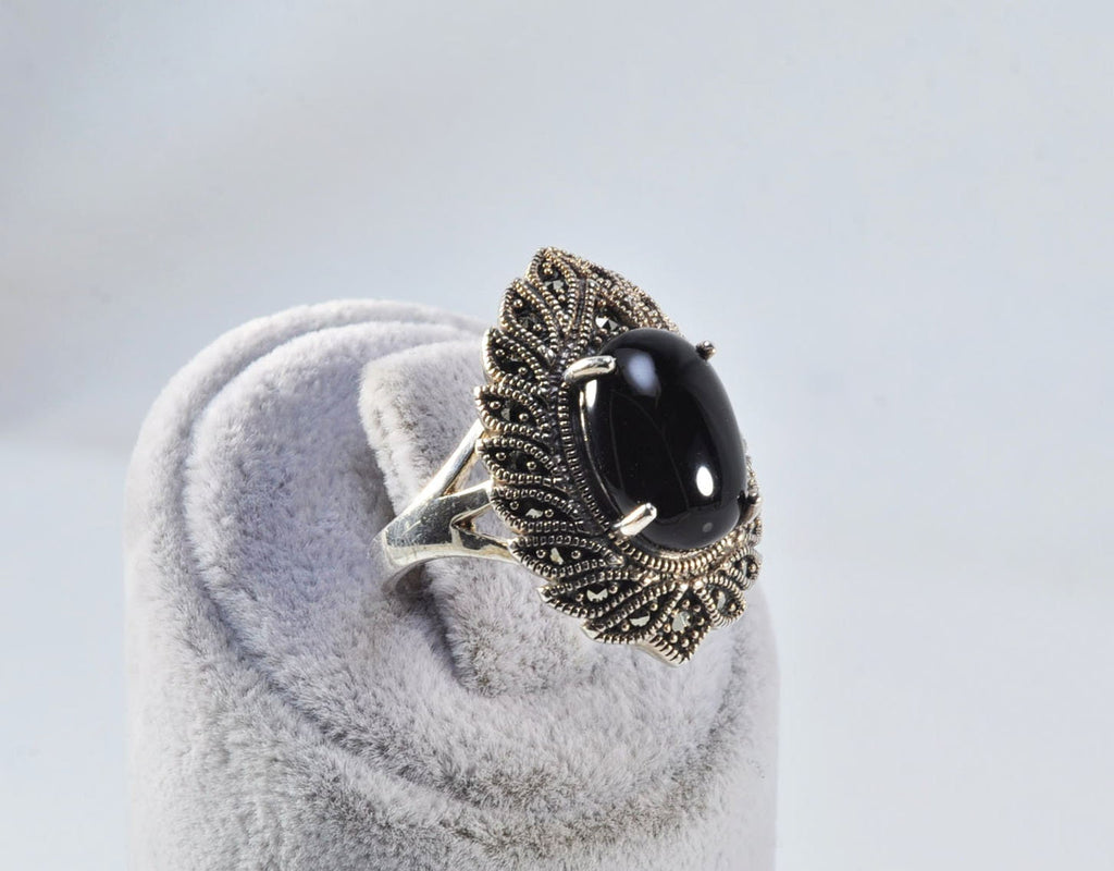 Handmade Onyx Marcasite Ring: 925 Sterling Silver Jewelry