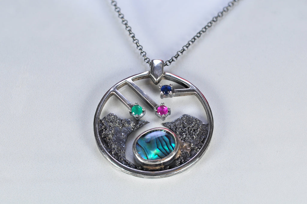 Handmade Genuine Mother of Pearl Emerald Ruby Sapphire Silver Necklace, Multistone Jewelry, Gift for Her