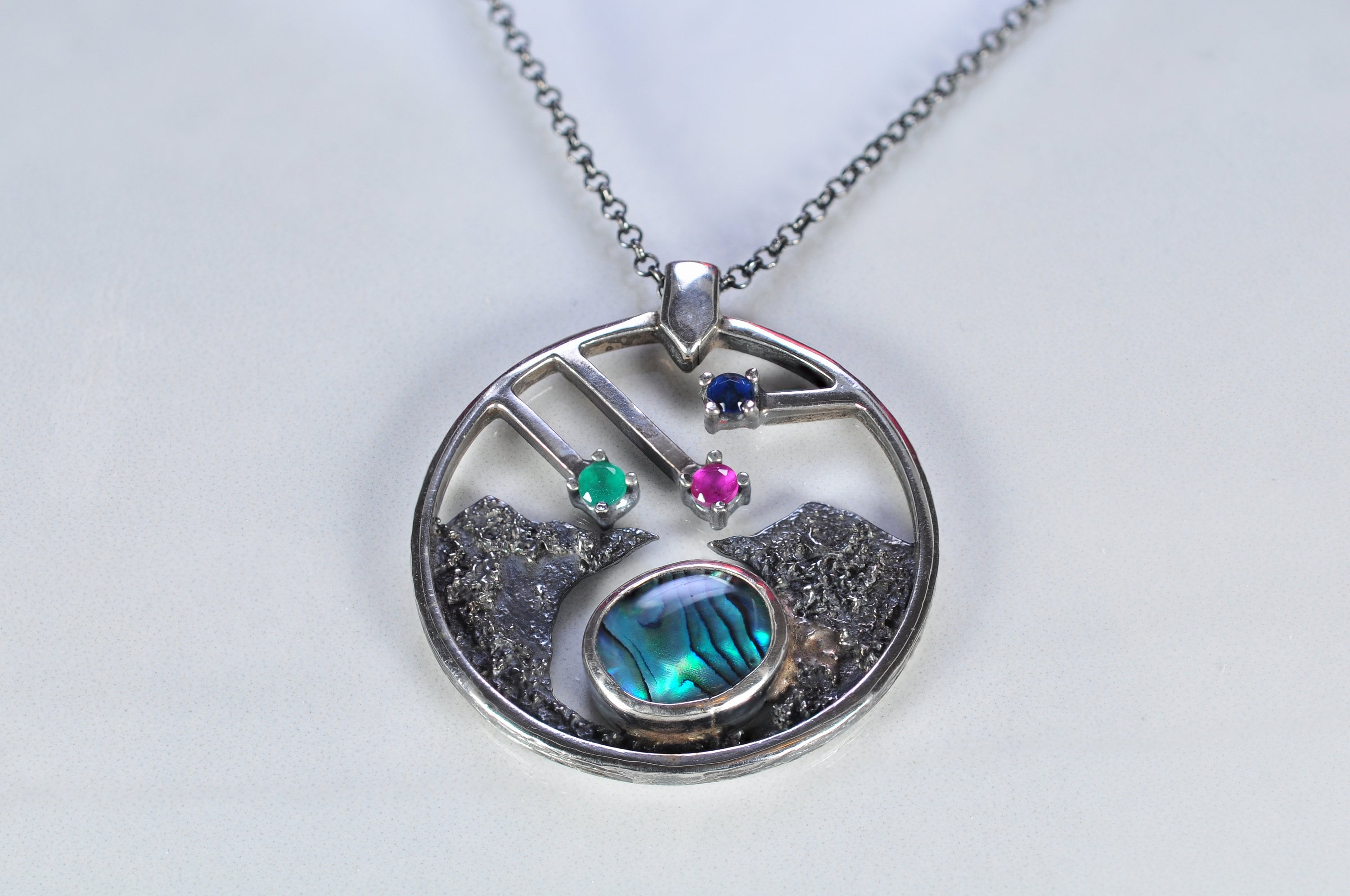 Handmade Genuine Mother of Pearl Emerald Ruby Sapphire Silver Necklace, Multistone Jewelry, Gift for Her