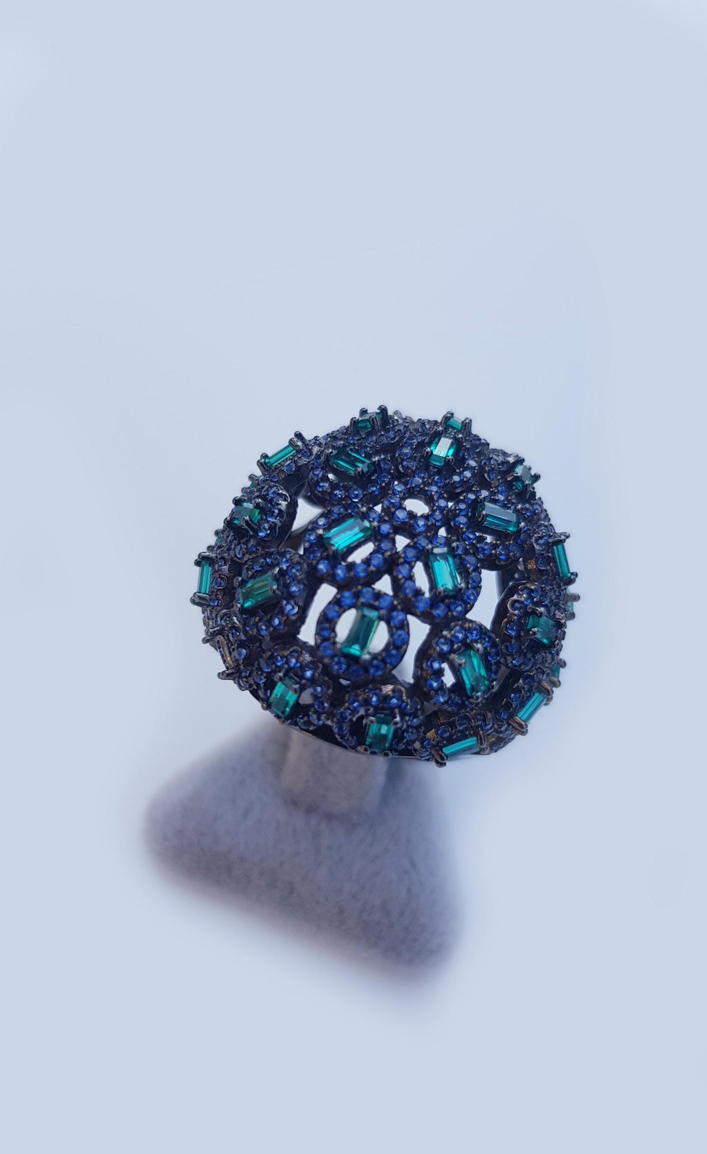 Handmade Aquamarine Emerald Black Silver Ring: Artisan Gemstone Jewelry