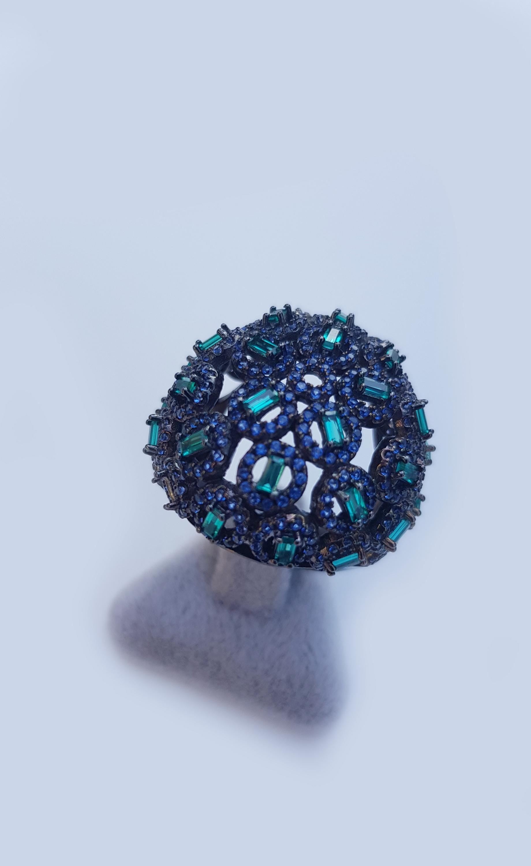 Handmade Aquamarine Emerald Black Silver Ring: Artisan Gemstone Jewelry