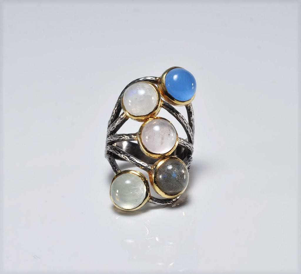 Handmade Tourmaline Moonstone Labradorite Pink Quartz and Aquamarin Silver Ring,Multistone Silver Jewelry,Genuine Gemstone Ring,Gift for her