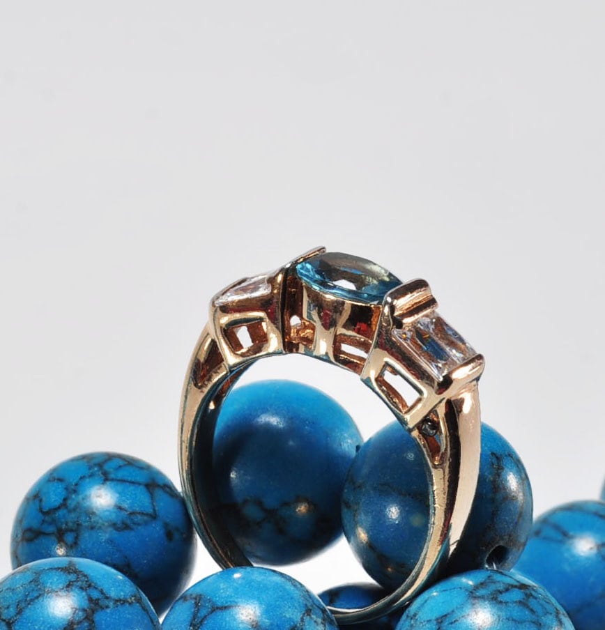 Handmade Aquamarine and Zircon Silver Ring, Aquamarin and Baquette Zircon Jewelry, Rose Silver Band Aquamarin and Zircon Ring,Gift for her