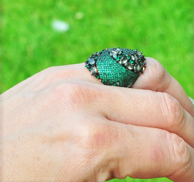 Handmade Emerald and Zircon Silver Ring, Handcrafted Emerald and Zircon Jewelry, 925 Sterling Silver Emerald and Zircon Ring,Gift for Her