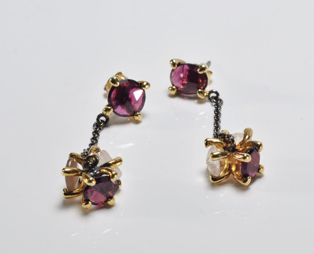 Handmade Tourmaline and Moonstone Silver Dangle Earrings, Gift for Her