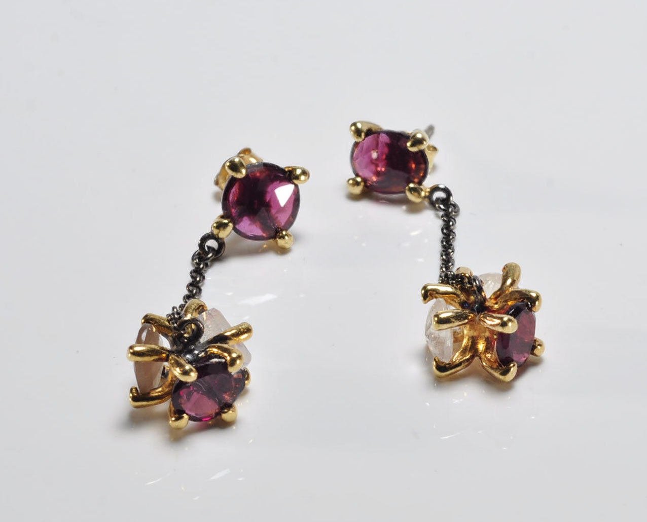 Handmade Tourmaline and Moonstone Silver Dangle Earrings, Gift for Her