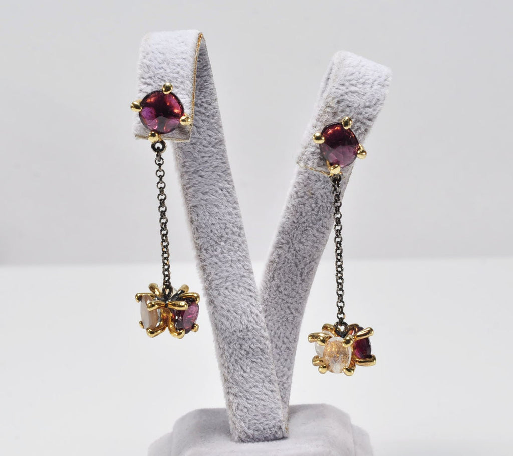 Handmade Tourmaline and Moonstone Silver Dangle Earrings, Gift for Her