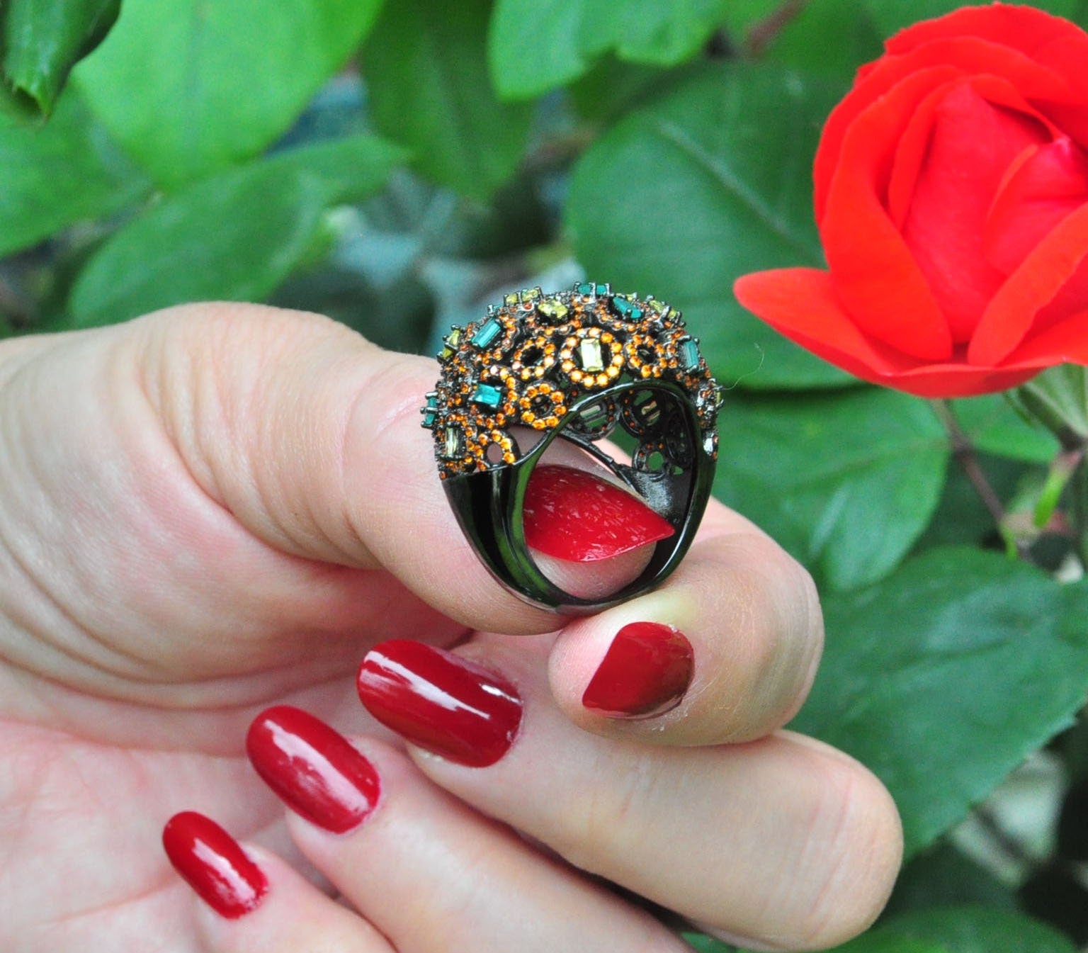 Handmade Aquamarine and Citrine Silver Ring, Handcrafted Aquamarine and Citrine Jewelry, Black Silver Band Aquamarine and Citrine Ring