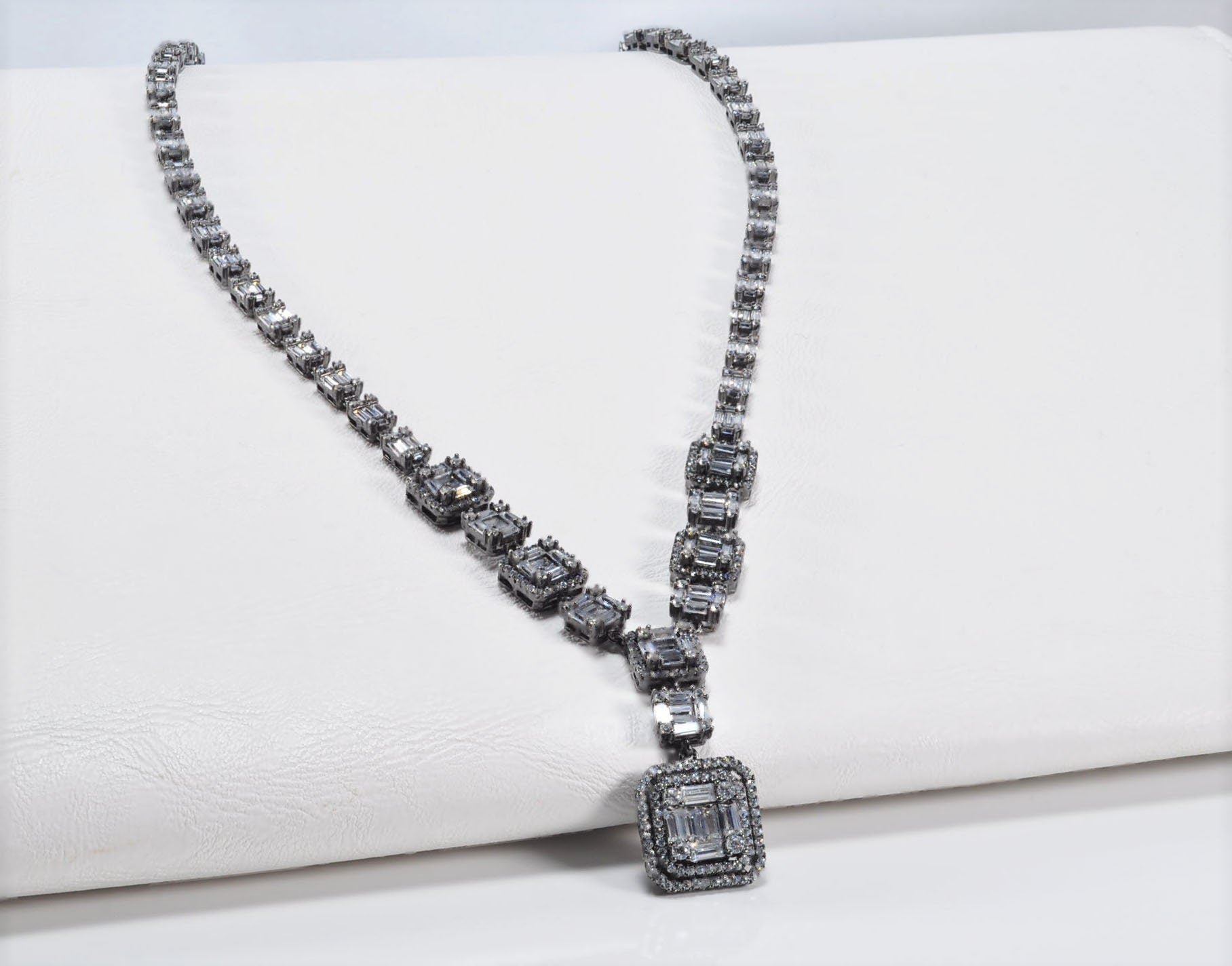 Handmade Baguette Zircon Black Silver Necklace,925 Black Silver Authentic Baguette Zircon Necklace,Wedding Gift for Her