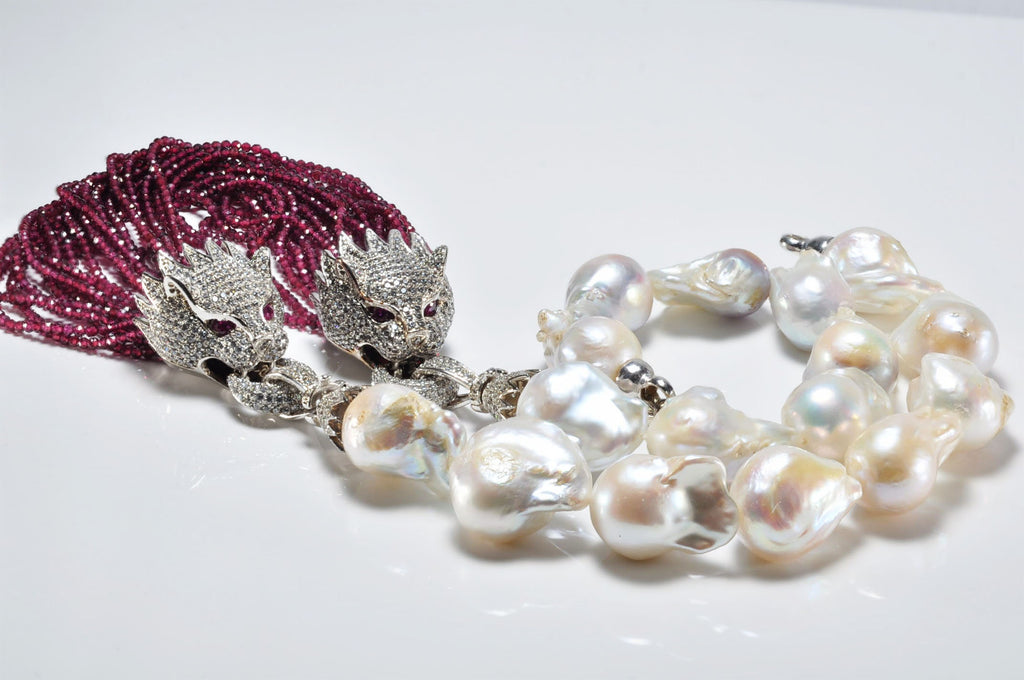 Unique Baroque Pearl and Garnet Necklace,Genuine Big Flameball Pearl Necklace, White Big Pearl and Garnet Necklace, Pearl and Garnet Jewelry