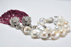Unique Baroque Pearl and Garnet Necklace,Genuine Big Flameball Pearl Necklace, White Big Pearl and Garnet Necklace, Pearl and Garnet Jewelry
