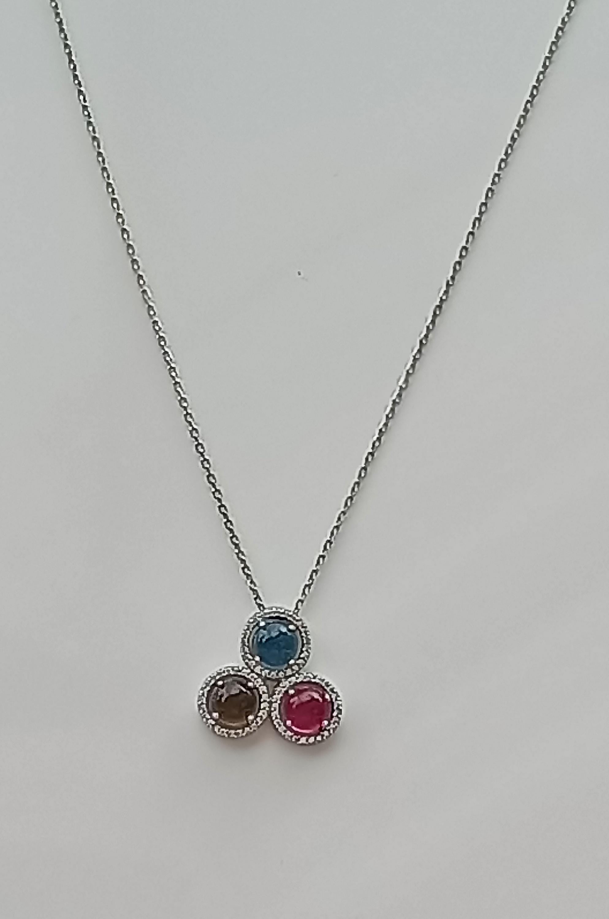 Handmade Aquamarine, Pink Quartz, Citrine and Zircon Silver Necklace, Handcrafted Multistone 925 Sterling Silver Jewelry