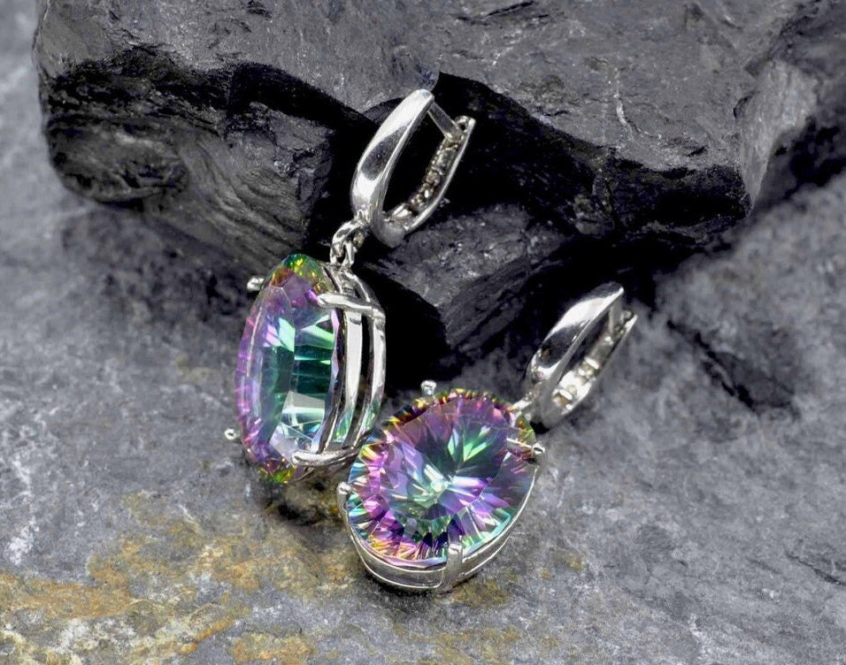 Handmade Genuine Mystic Topaz Silver Earring,Mystic Topaz Earring,Dangle Drop Earring,Handcrafted Mystic Topaz Earrining Gift for Her