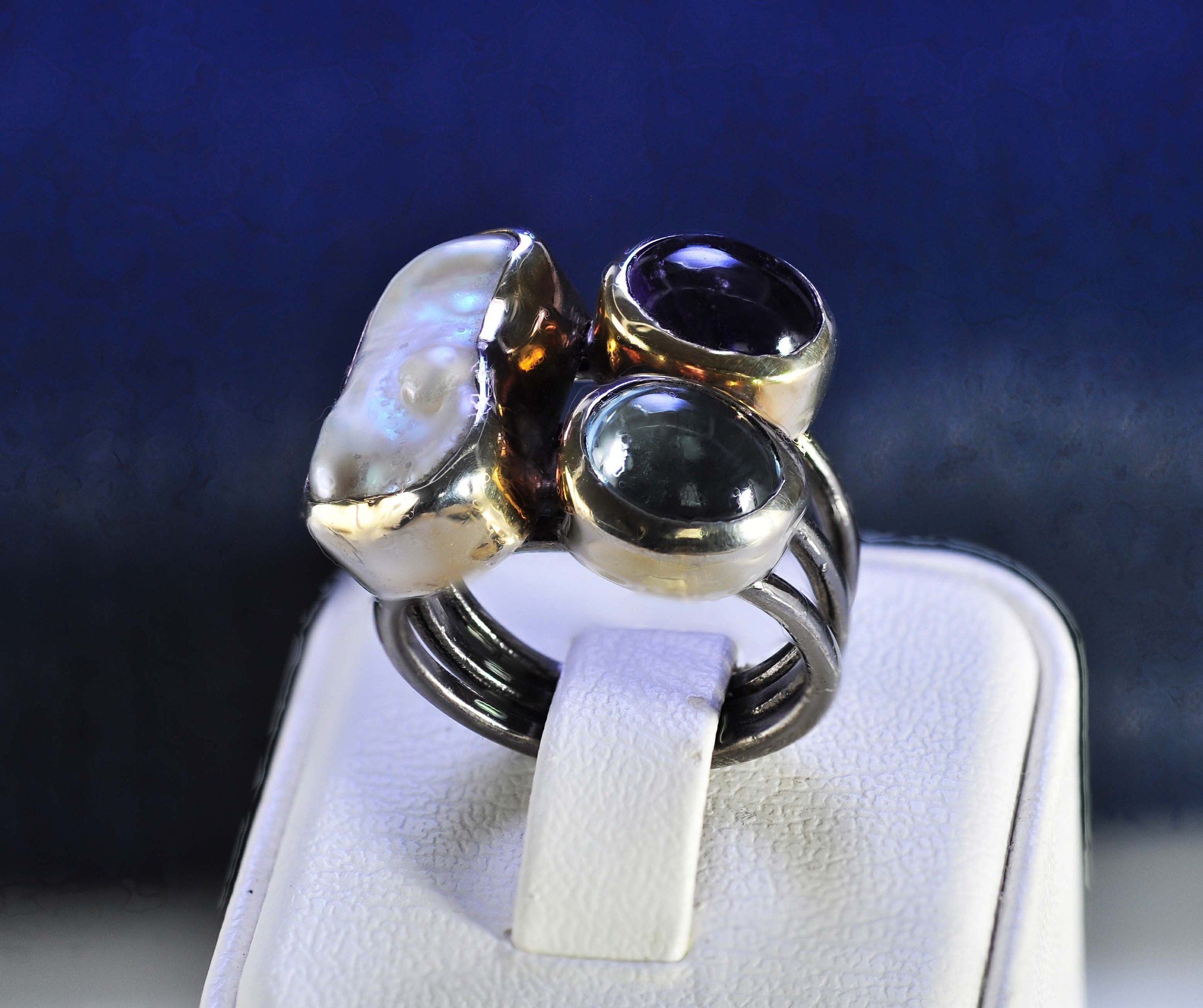 Handmade Genuine Natural Aquamarinee Amethyst Pearl Silver Gemstone Ring,Round Cut Jewelry Ring,Handcrafted,Artist Design