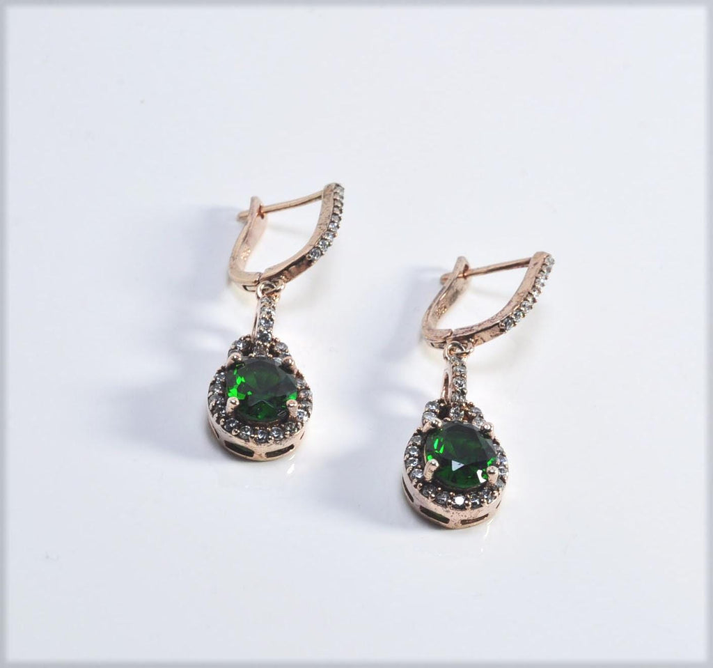 Handmade Emerald Zircon Rose Silver Drop Earrings