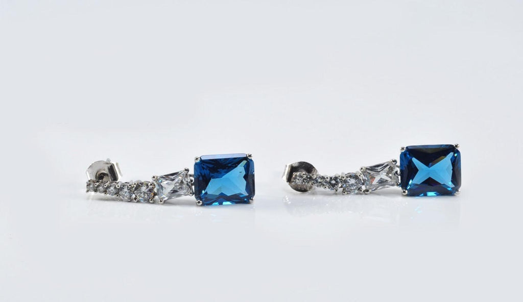 Handmade London Blue Topaz & Zircon Silver Drop Earrings