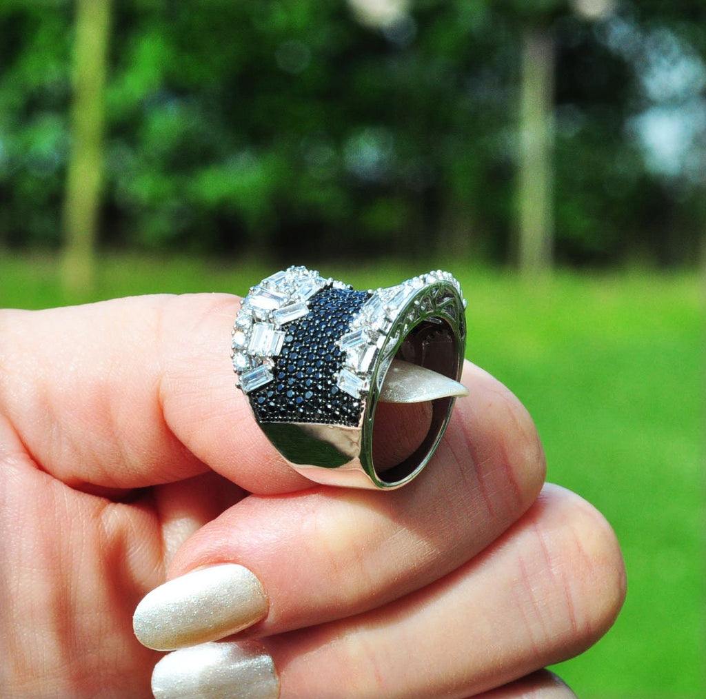 Handmade Baguette Zircon and Black Zircon Ring in Sterling Silver, Unique Gemstone Jewelry