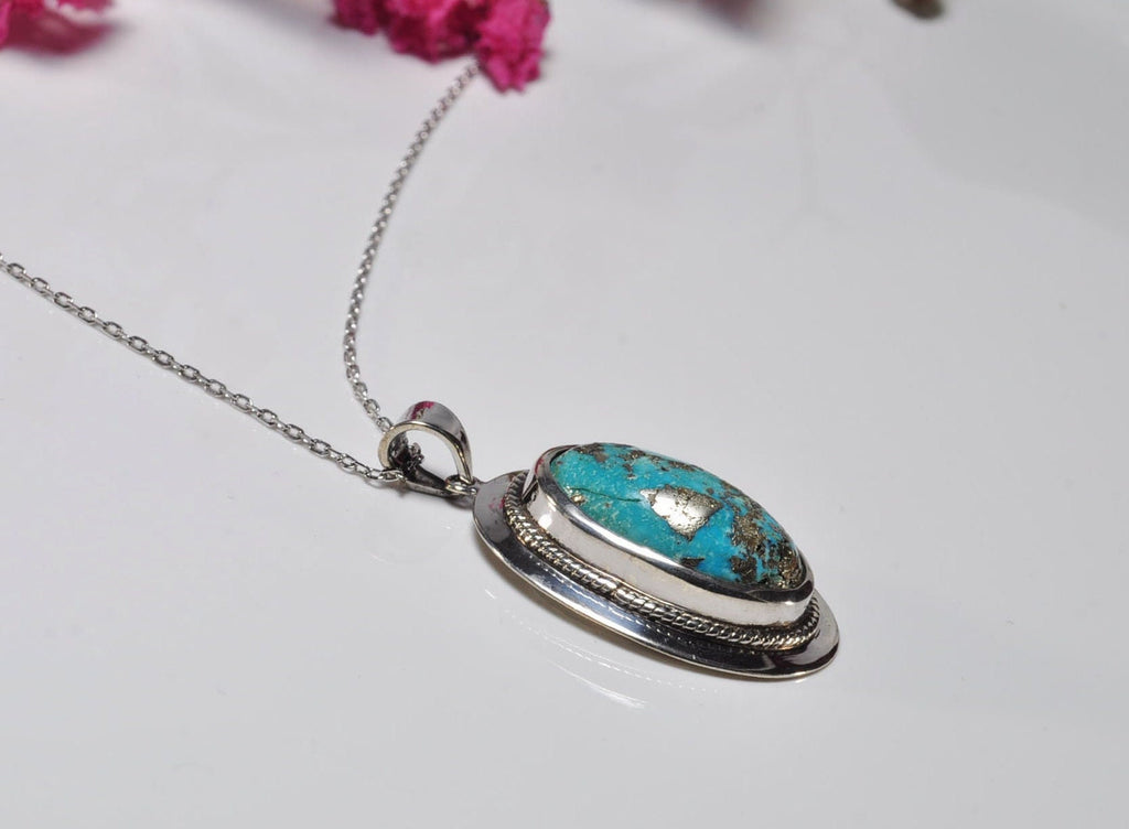 Handmade Turquoise  Silver Necklace,925 Sterling Silver Genuine Authentic Necklace, Turquoise  Gemstone Jewelry Gift for Her
