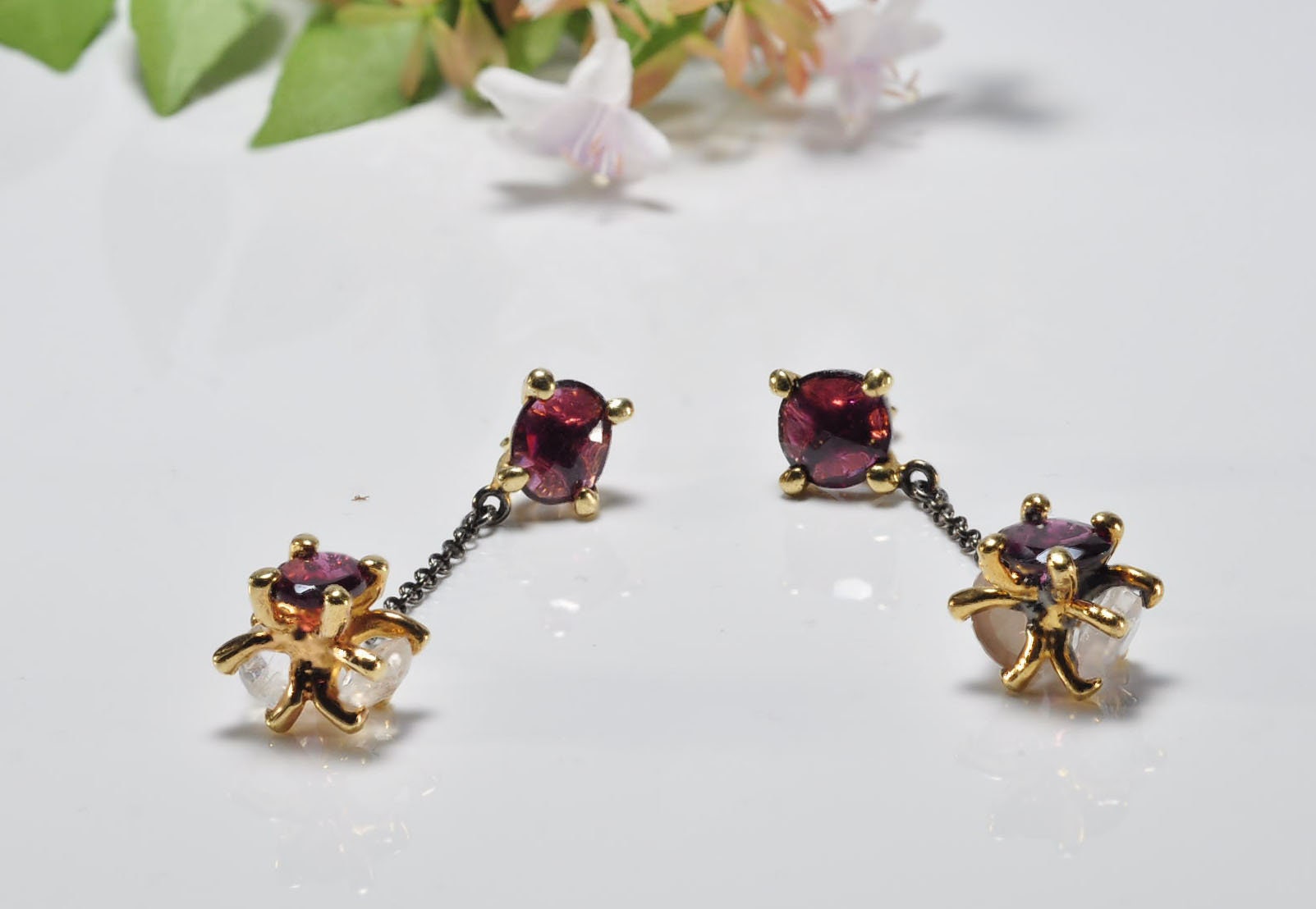 Handmade Tourmaline and Moonstone Silver Dangle Earrings, Gift for Her