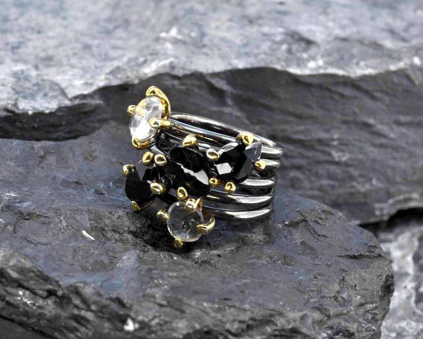 Handmade Genuine Onyx and Quartz Silver Ring,Onyx and Quartz Jewelry , Onyx Quartz Gemstone Ring, Handcrafted Onyx Ring Gift for Her