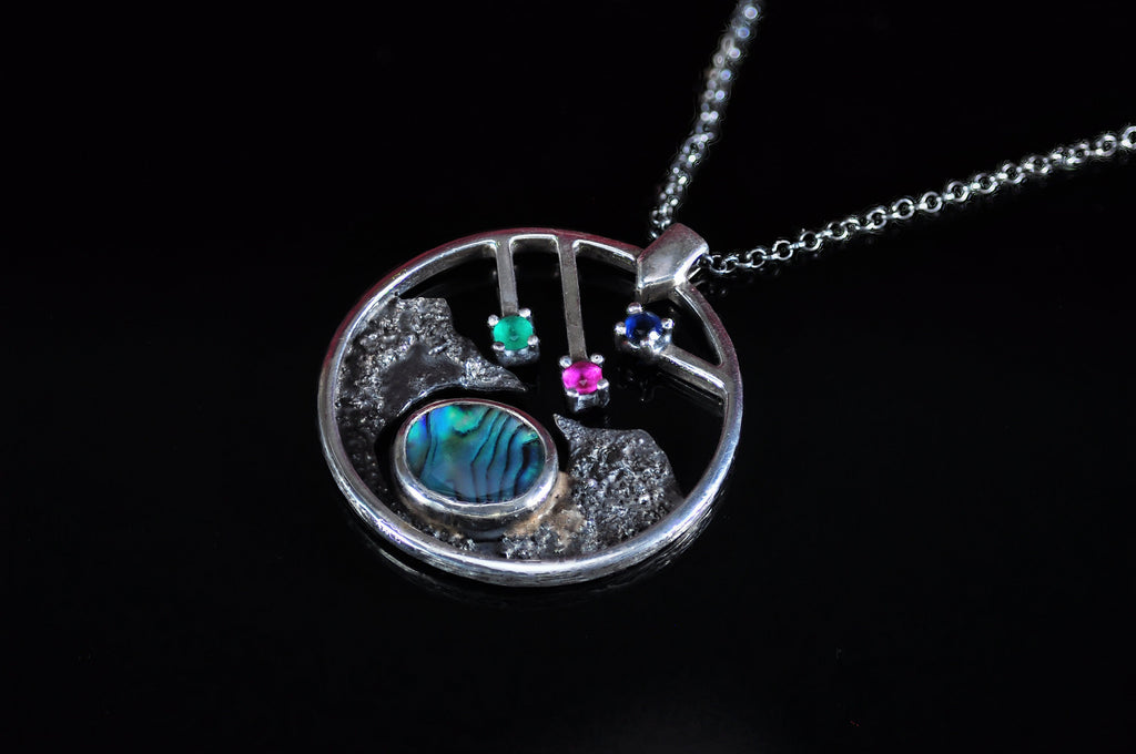 Handmade Genuine Mother of Pearl Emerald Ruby Sapphire Silver Necklace, Multistone Jewelry, Gift for Her