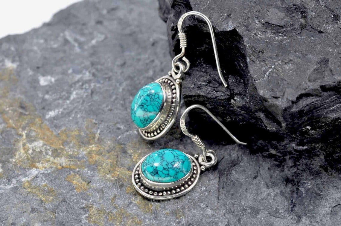 Handmade Turquoise Earrings in Sterling Silver, Oval Gemstone Dangle Jewelry