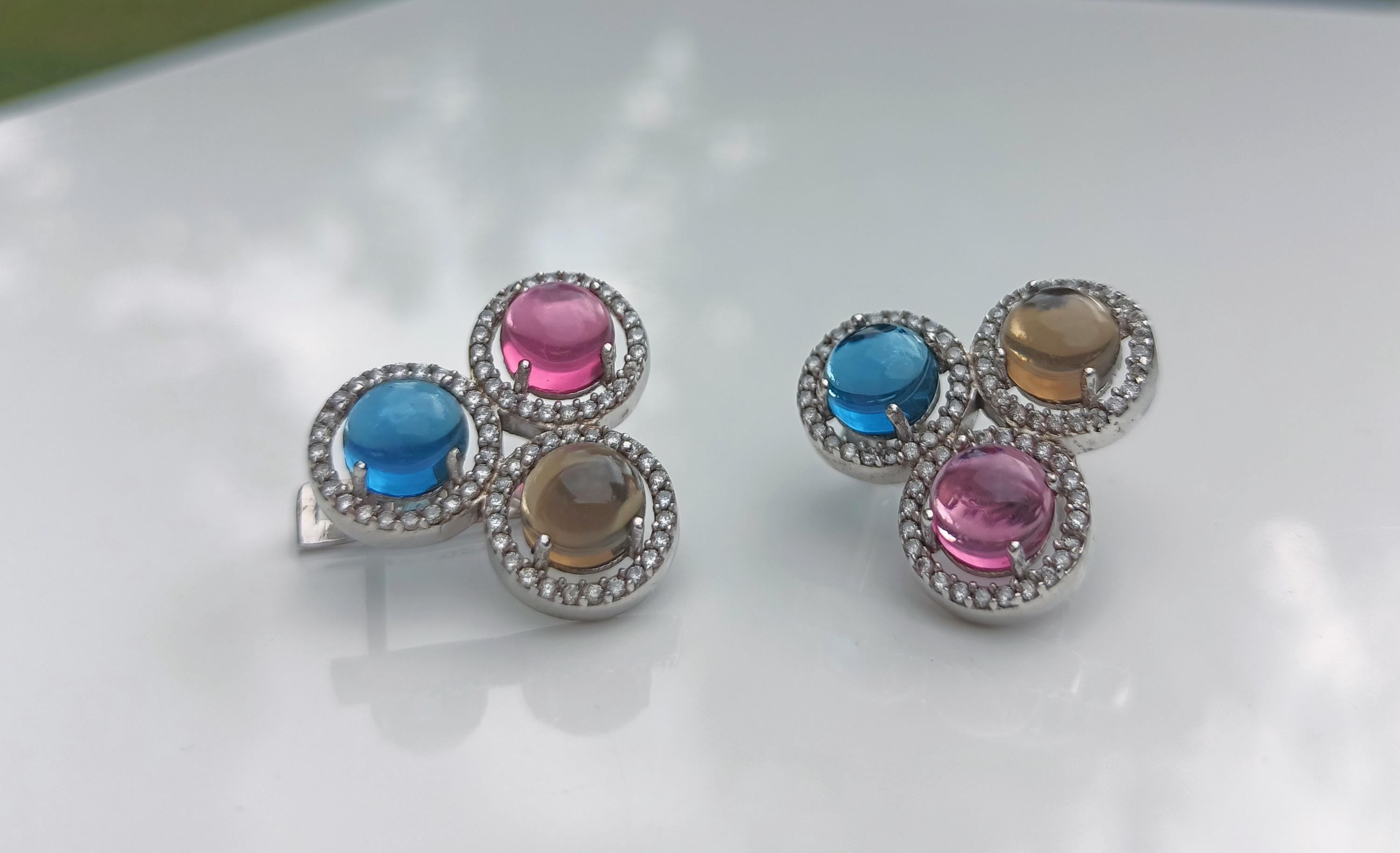 Handmade Aquamarine, Rose Quartz, Citrine & Zircon Sterling Silver Earrings