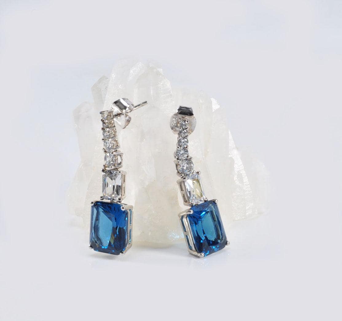 Handmade London Blue Topaz & Zircon Silver Drop Earrings