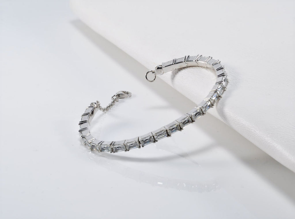 Handmade Baguette Zircon 925 Sterling Silver Bracelet, Wedding Jewelry