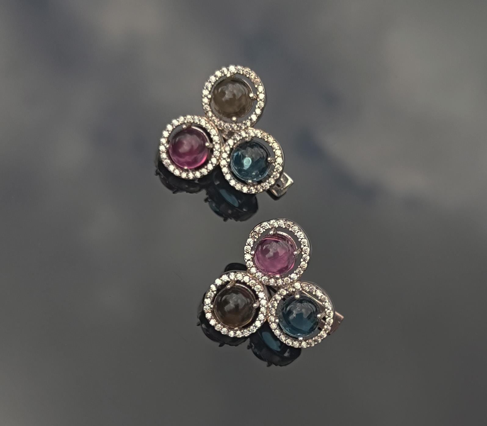 Handmade Aquamarine, Rose Quartz, Citrine & Zircon Sterling Silver Earrings