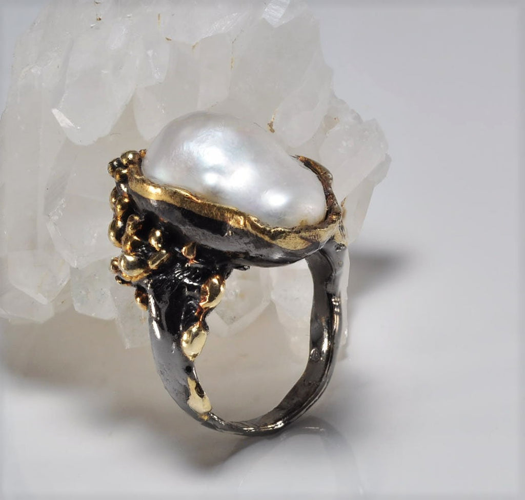 Handmade Pearl Silver Ring, Handcrafted Pearl Jewelry,Wedding Ring Gift, 925 Silver Pearl Ring,Gift for her