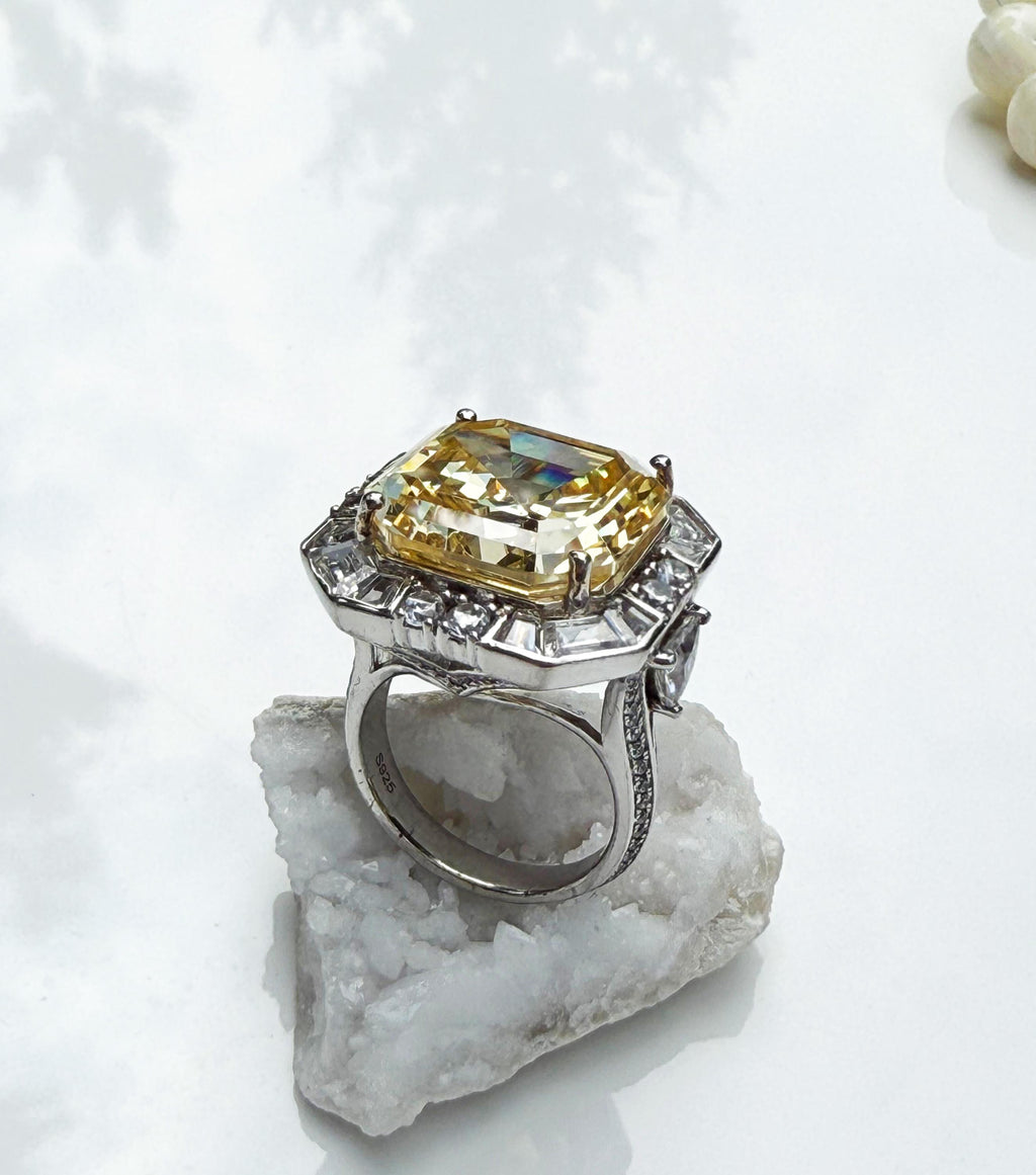 Handmade 925 Sterling Silver Cushion-Cut Citrine & Zircon Ring, Handcrafted Citrine Jewelry,Gift for her