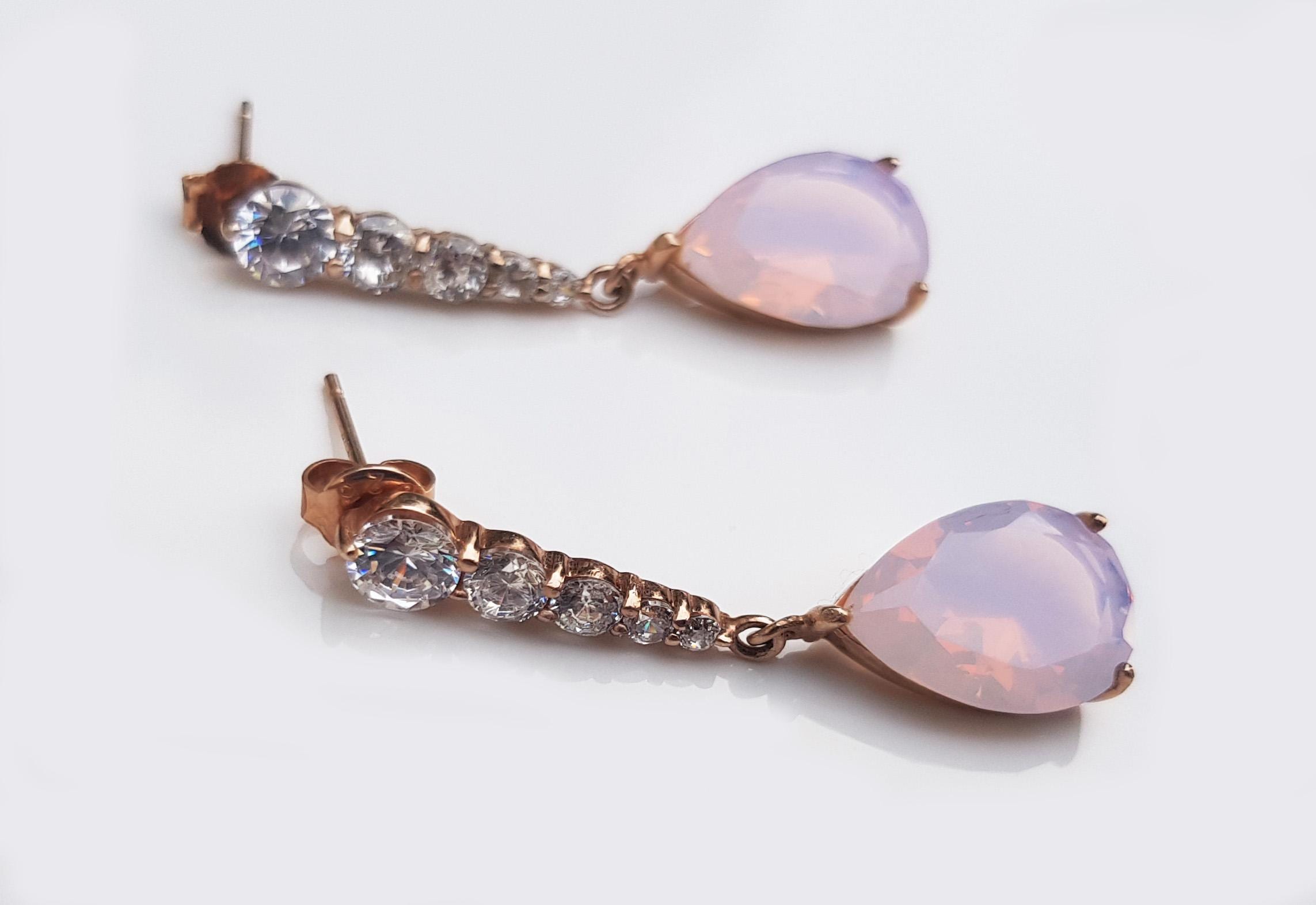 Handmade Rose Quartz & Zircon Earrings: Rose Silver Jewelry
