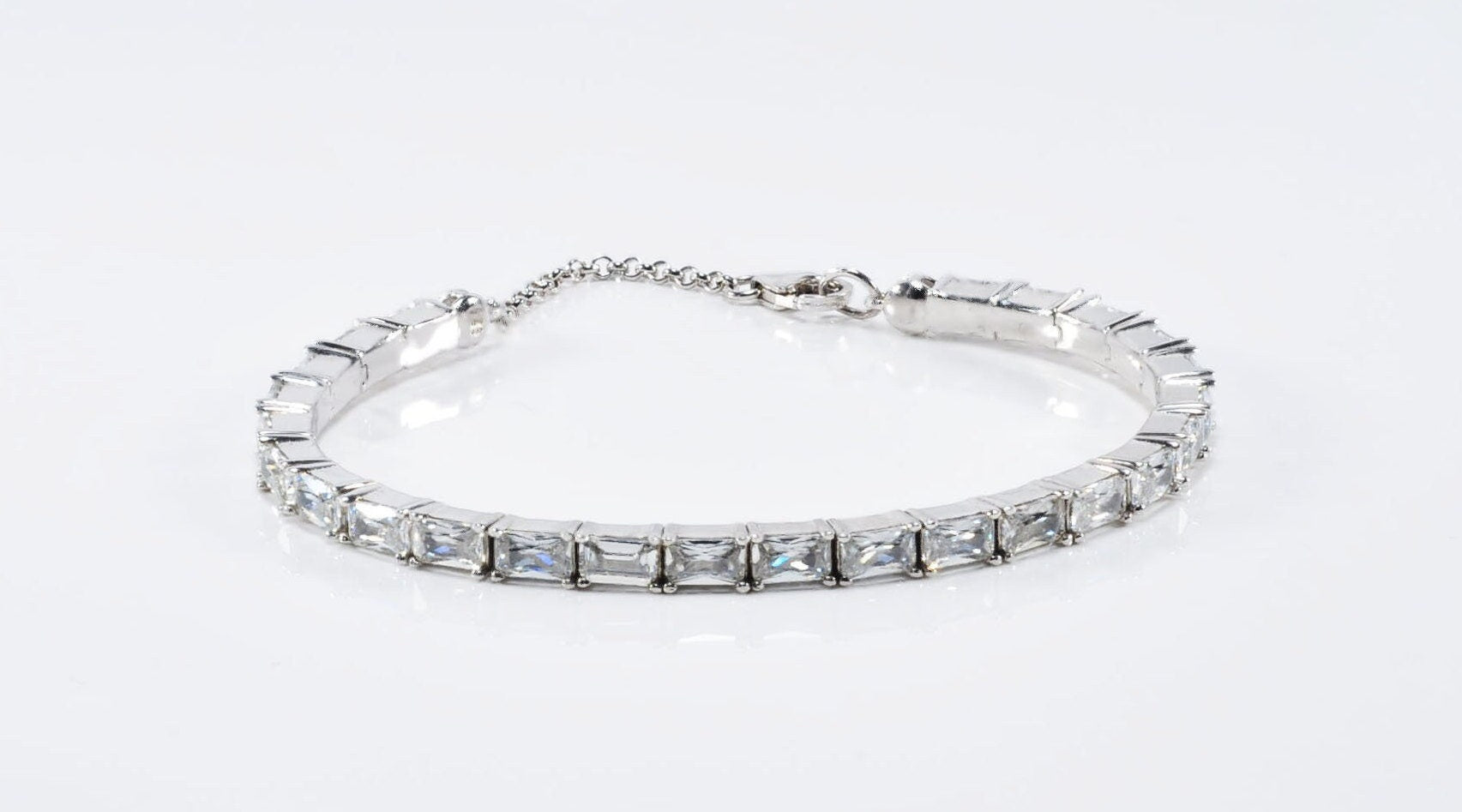 Handmade Baguette Zircon 925 Sterling Silver Bracelet, Wedding Jewelry